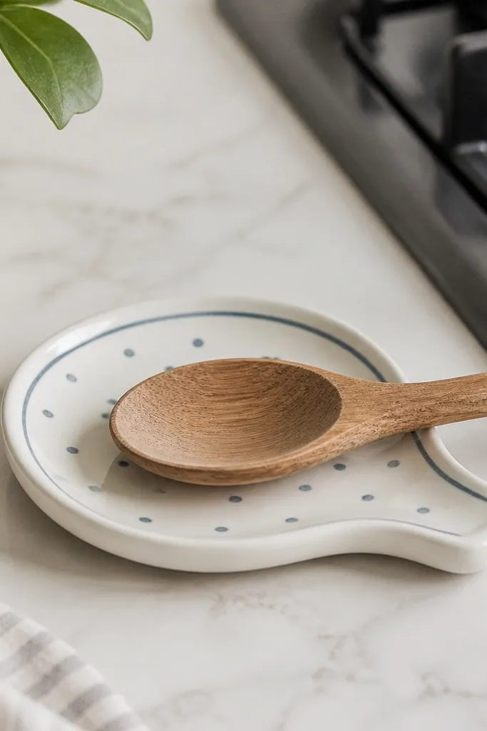 A small ceramic spoon rest painted white with minimal blue dot pattern and a thin blue ring around the edge; it sits by a stove with a wooden spoon.