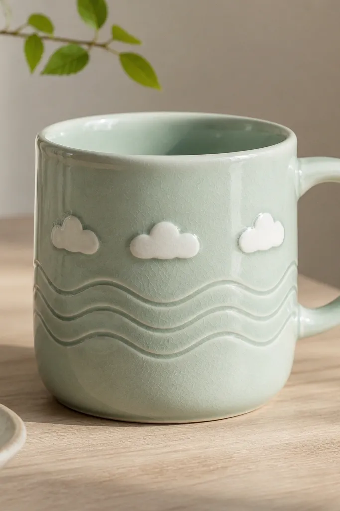 A minty celadon green mug with three horizontal wave bands; above the waves sit three small white cloud shapes that look like raised cutouts, leaving crisp edges under clear glaze.