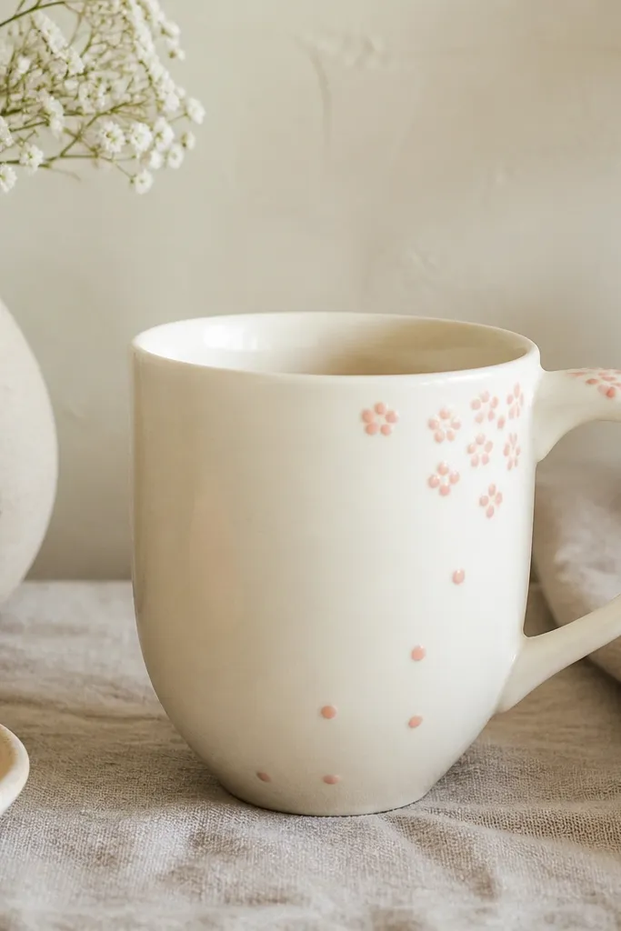 A pale cream mug with a ring of small rose-colored dots clustered like tiny flowers near the handle, plus a few faint matching dots trailing toward the base.