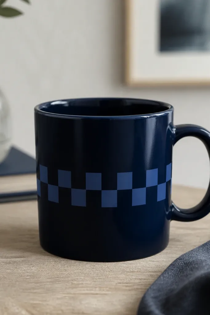 A deep navy mug with a single horizontal checker band across the middle; squares alternate between dark navy and a slightly lighter matte blue, with crisp edges.