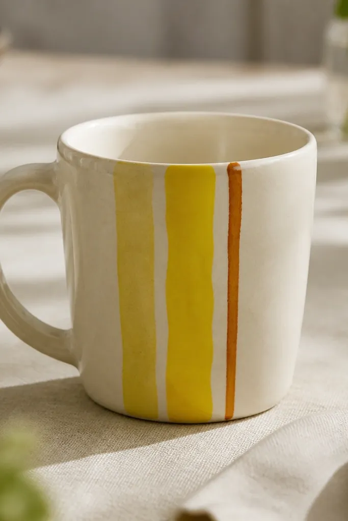 A warm off-white mug with three vertical ribbons: pale yellow, deeper lemon, and a thin line of orange-brown, each ribbon slightly irregular like hand-painted peel.