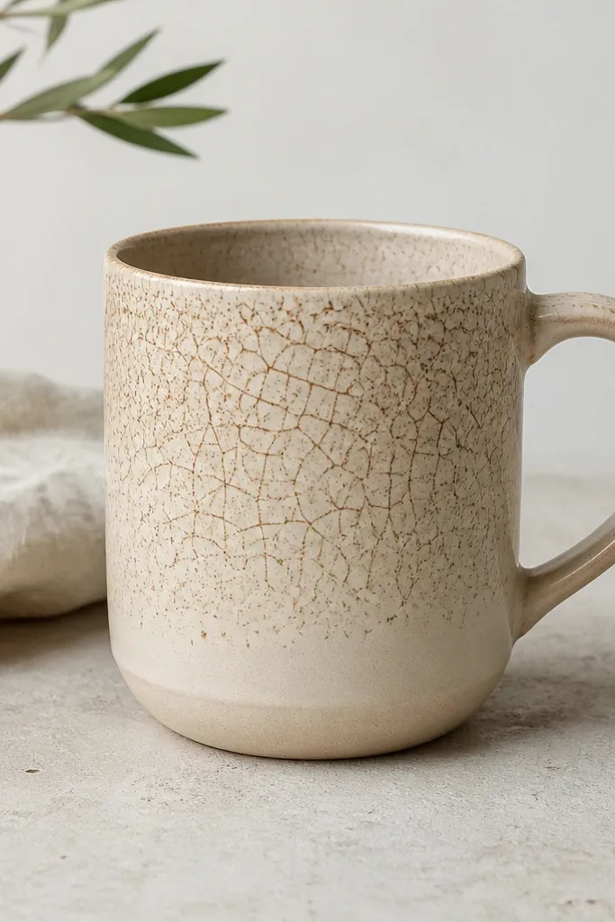 A light beige mug with a crackle-effect wash that starts near the rim and fades to clean clay at the foot; the crackle forms a fine map pattern in muted brown.