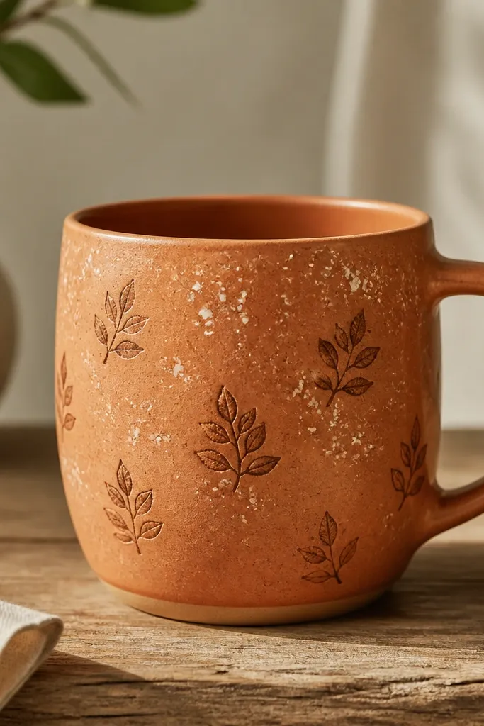A warm terracotta mug with scattered leaf stamps in darker brown; between leaves there are tiny white salt-like specks across the upper half.
