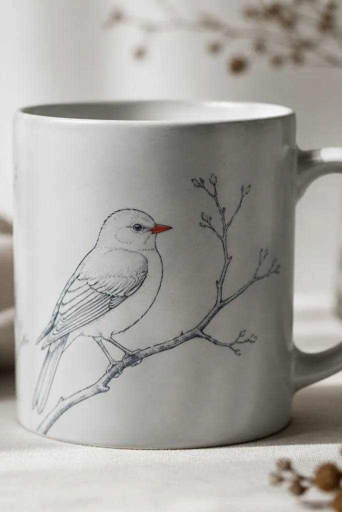A pale gray mug with thin black-blue line art of a small bird perched on a branch; only the beak is painted a bright muted red.