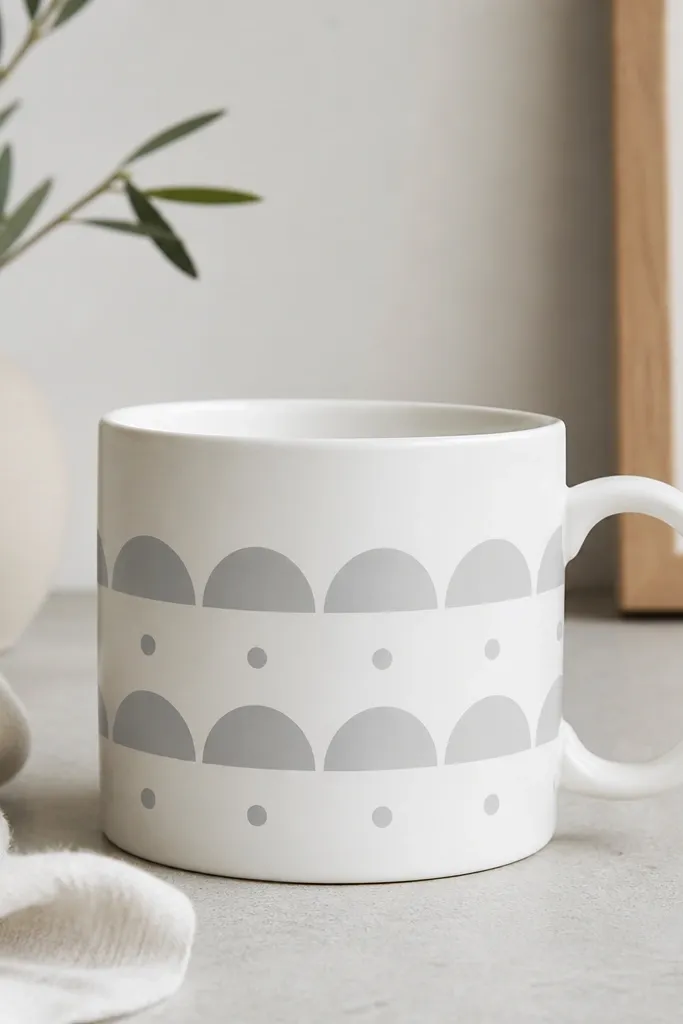 A white mug with two stacked rows of half-arches in soft gray; between arches are evenly spaced dots forming a grid-like pattern around the front.