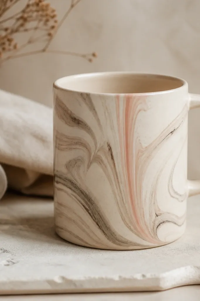 A creamy beige mug with soft marbled swirls in light brown and gray; one peach ribbon runs vertically and looks like it's been dragged through the marble.
