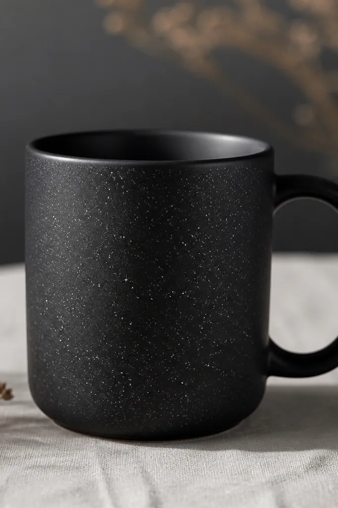 A mug with a matte black painted surface; scattered across it are tiny glossy clear specks that catch light like stars.