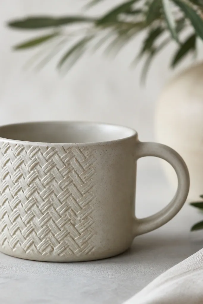 A light stone mug with a raised basket-weave pattern about 2.5 inches tall on the front-left; the weave looks like small crisscross ridges, with a plain smooth area on the right.