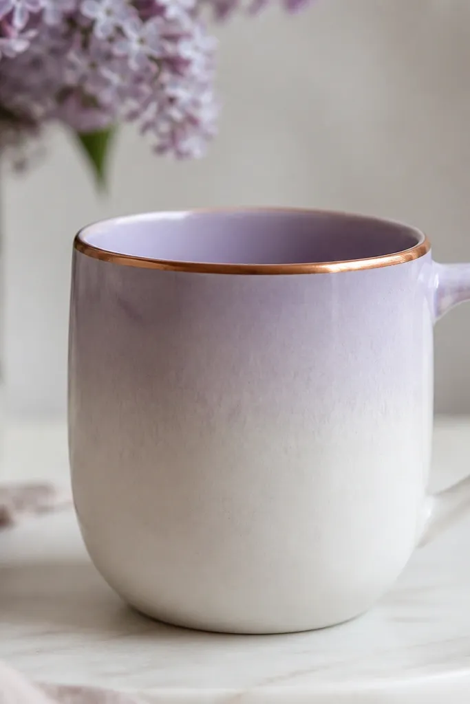 A pale mug with a lavender wash fading downward; around the top rim is a thin coppery band that looks metallic and warm.
