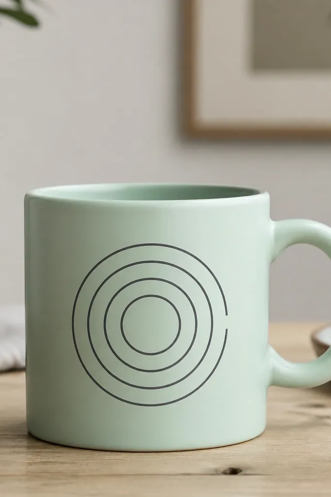 A mint-green mug with charcoal concentric circles centered on the front; each circle is a thin ring, with the outer ring broken by a small gap near the handle.