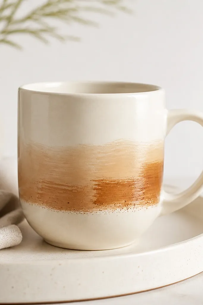 A cream mug with an ombre band made of broad brushstrokes in light tan to darker caramel; along the bottom edge of the band are tiny speckles.