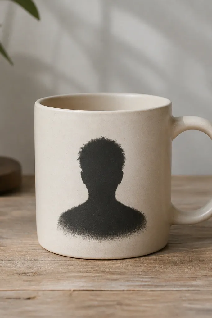 A light beige mug with a single black silhouette head and shoulders centered on the front; the background around it stays unpainted, and the silhouette edges are slightly feathered.