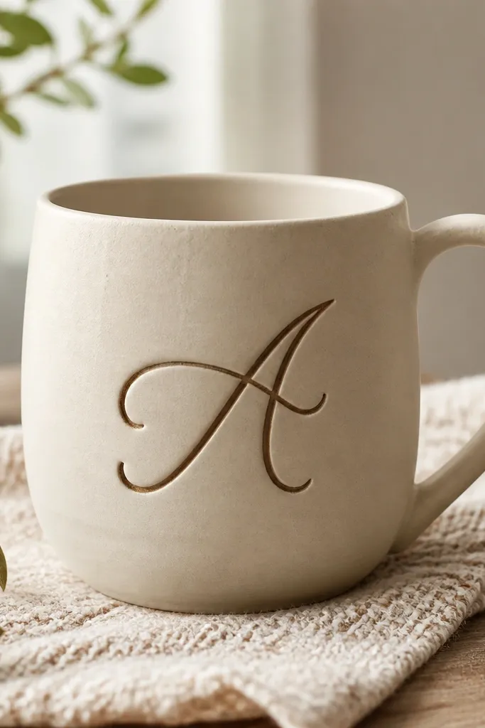 A warm off-white mug with a carved cursive initial on the front; the carved grooves are filled with a darker wash that creates a shadow effect.