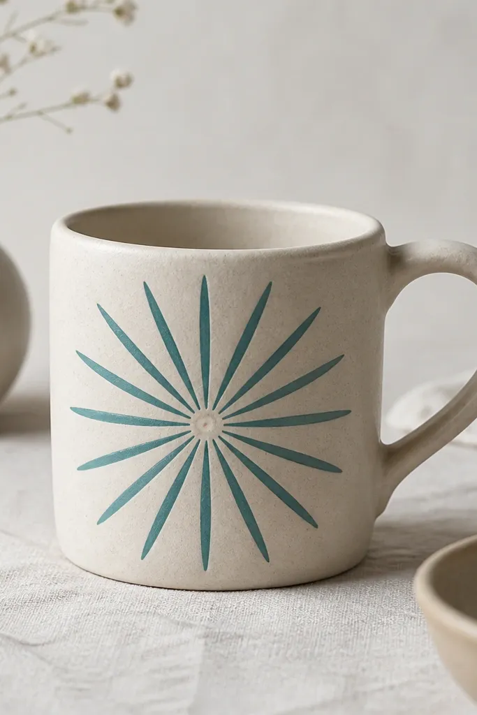 A pale clay mug with 12 teal rays radiating from a small white dot at the center; the rays taper slightly as they approach the sides.
