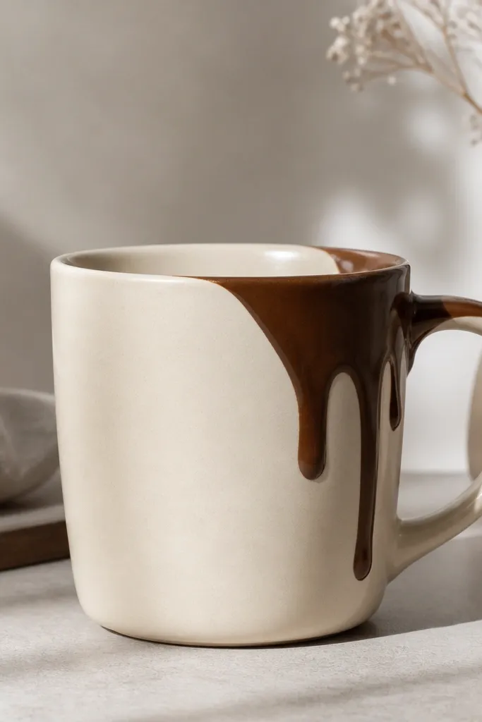 A cream mug with a controlled chocolate-brown drip pattern running down the right side near the handle; the drip stops above the base and leaves a clean shape.