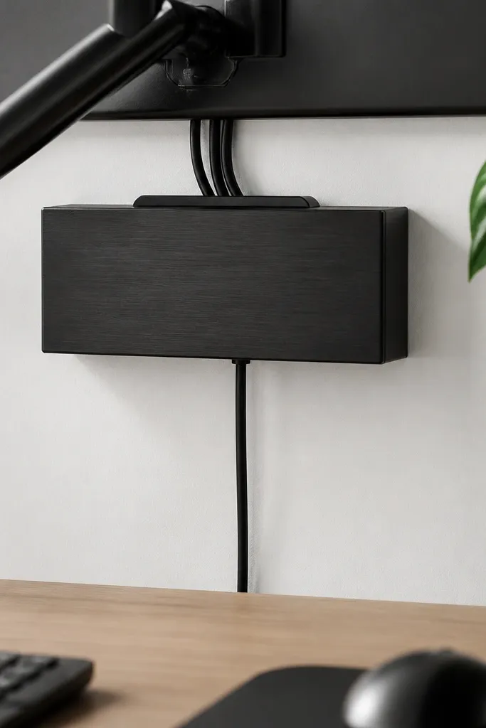A brushed black rectangular cable dock mounted under a monitor with cables routed through a neat channel and a single cord exiting neatly.