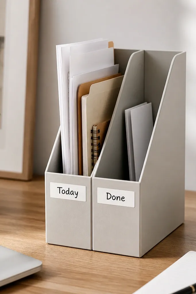 A vertical two-slot file stand on the desk with one side labeled for "Today" and the other for "Done," both in neat black marker on white tape.