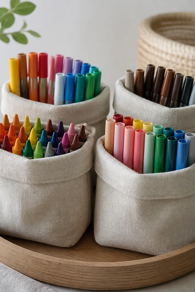 A set of small linen pouches on a tray, each pouch holding a row of markers and crayons with their caps facing up.