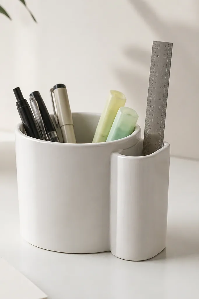 A white ceramic pen cup holding pens and highlighters, next to a slim vertical ruler pocket with a clean slit for rulers.