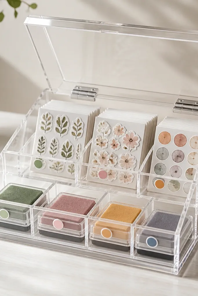 A clear acrylic box with a hinged lid holding sticker sheets and stamp pads, with small colored label dots on each section.