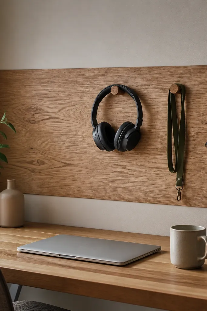 A strip of oak-look contact paper on the back wall behind the desk, with two small pegs holding headphones and a lanyard.