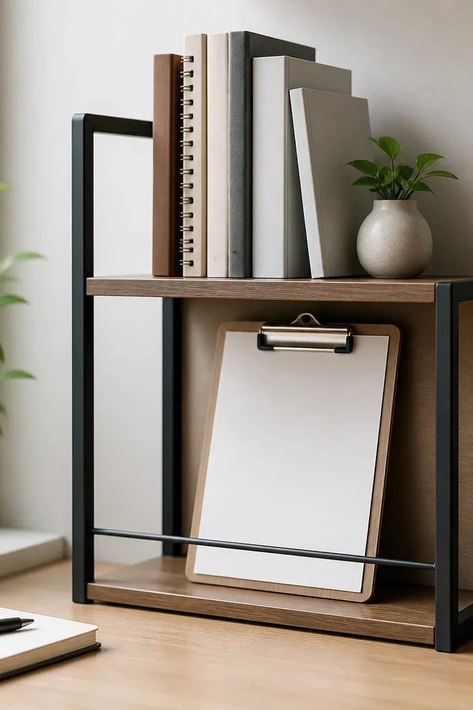 A small desk shelf with two levels: books on the top, and a clipboard standing upright on the lower shelf.