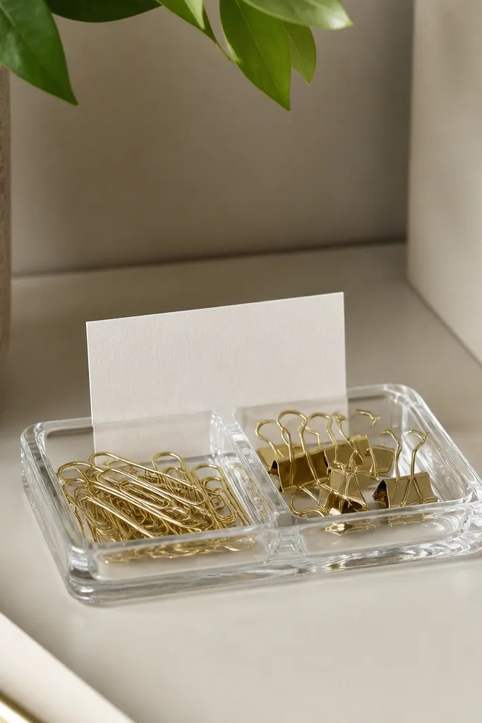 A small clear glass tray on the desk with paper clips and binder clips sorted, plus a tiny label card behind them.