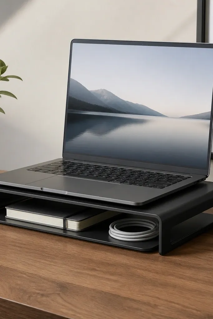 A matte black riser under a laptop, lifting it slightly, with a slim tray beneath holding a notebook and charging cable.