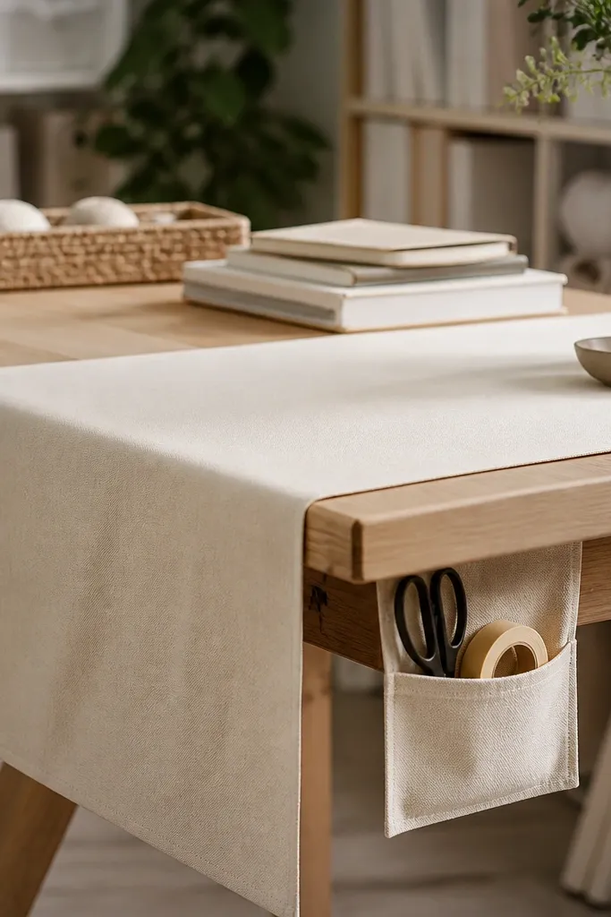 A neutral fabric runner (cream) across the desk front edge, with a small hidden pocket at the side holding scissors and tape.