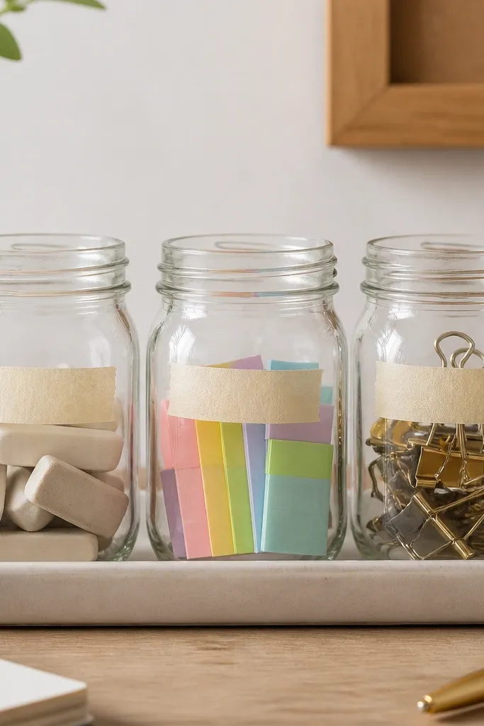 Three mason jars on a tray, each with a handwritten label on painter's tape and holding small supplies like erasers and sticky tabs.