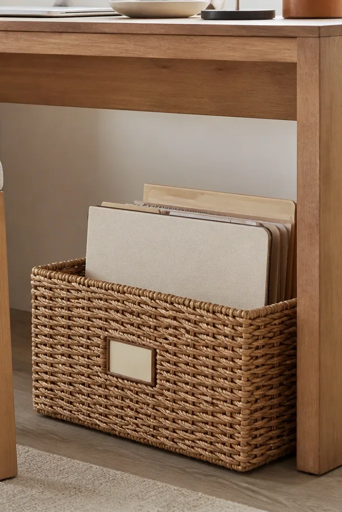 A woven basket under the desk with extra folders visible behind a tall divider panel and a small label on the front.