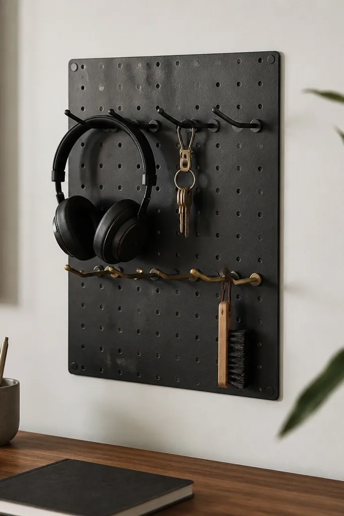 A small pegboard section next to the desk with two rows of hooks in black and brass, holding headphones, a key clip, and a small brush.