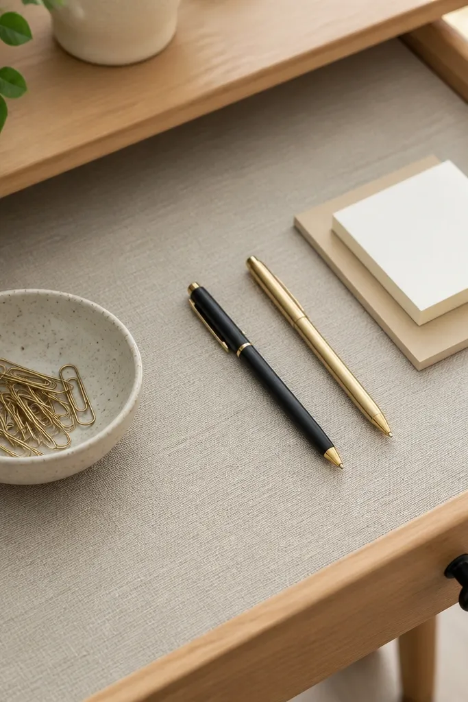 A drawer top lined with thick neutral shelf liner, with pens and sticky notes placed neatly on top.