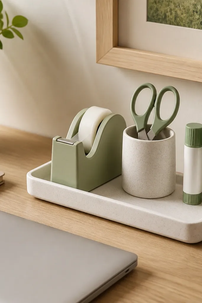 A designated corner on the desk with a small tray holding tape dispenser, scissors, and glue sticks, all facing the same direction.