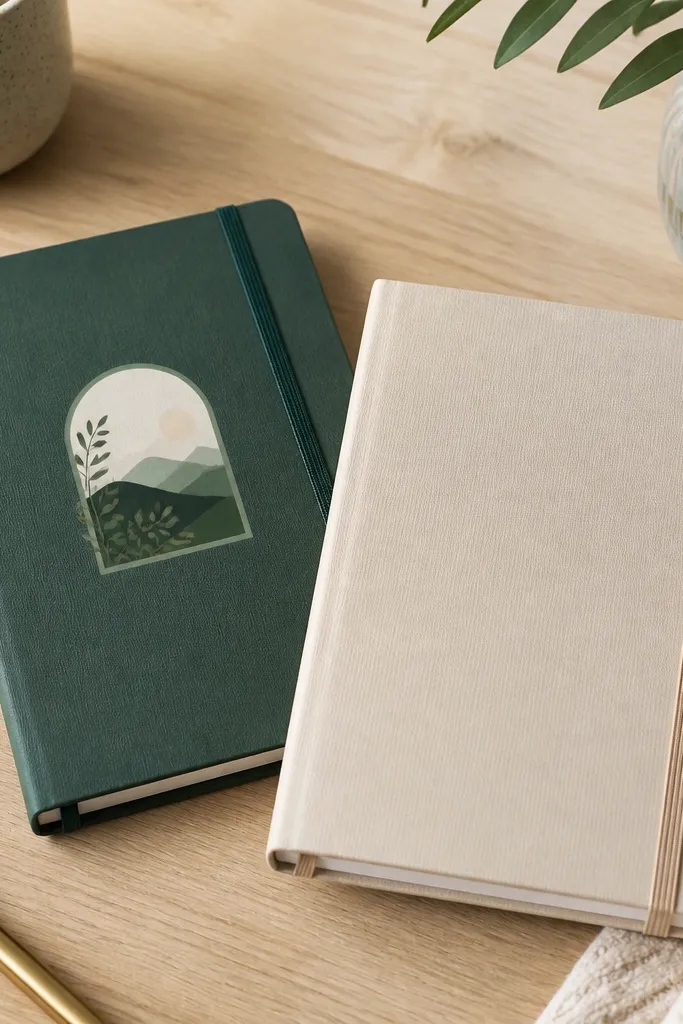 Two notebooks on the desk with elastic bands in matching colors, one labeled with a sticker and the other plain.