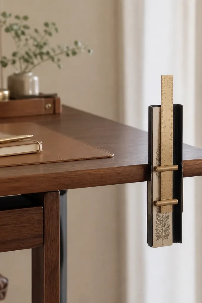 A slim side display with brass-trim clips holding a bookmark and a ruler, mounted on the desk edge.