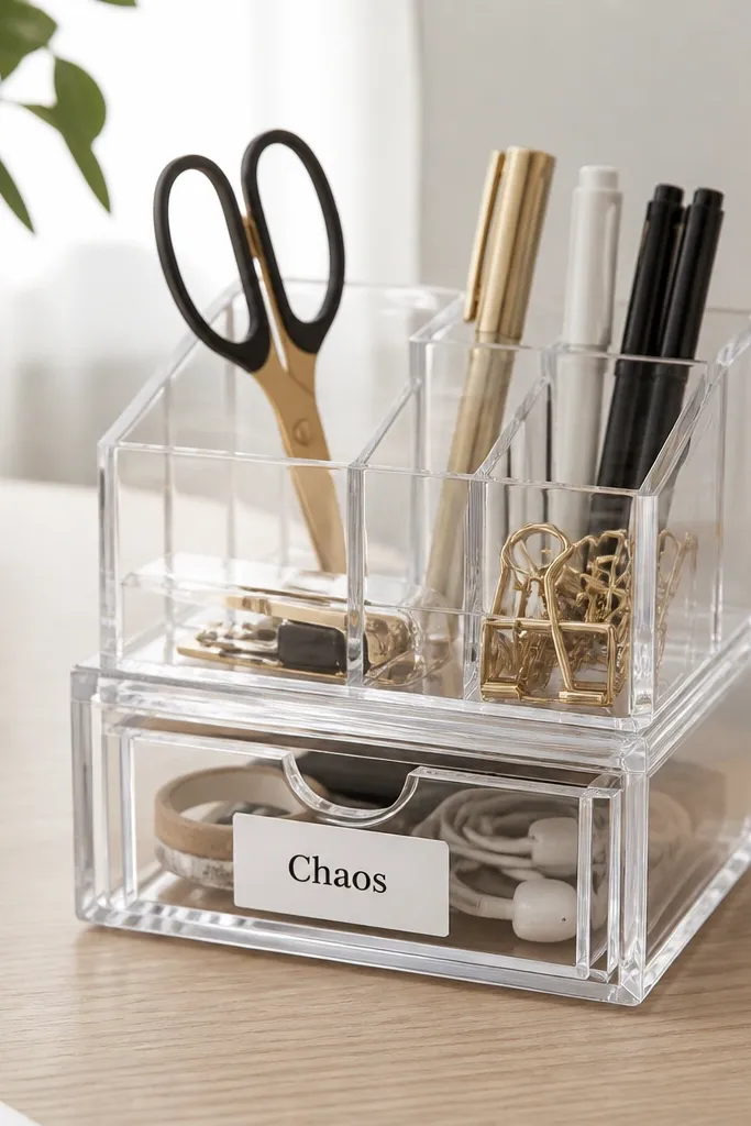 A clear acrylic desk organizer with compartments on top and a single small drawer labeled "Chaos" with a clean white label.