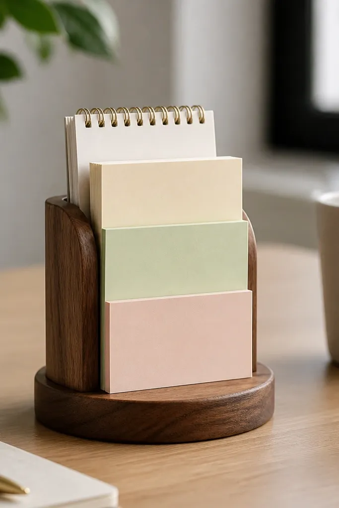 A round wooden stand on the desk holding sticky notes in a vertical stack, with a small notepad tucked behind.