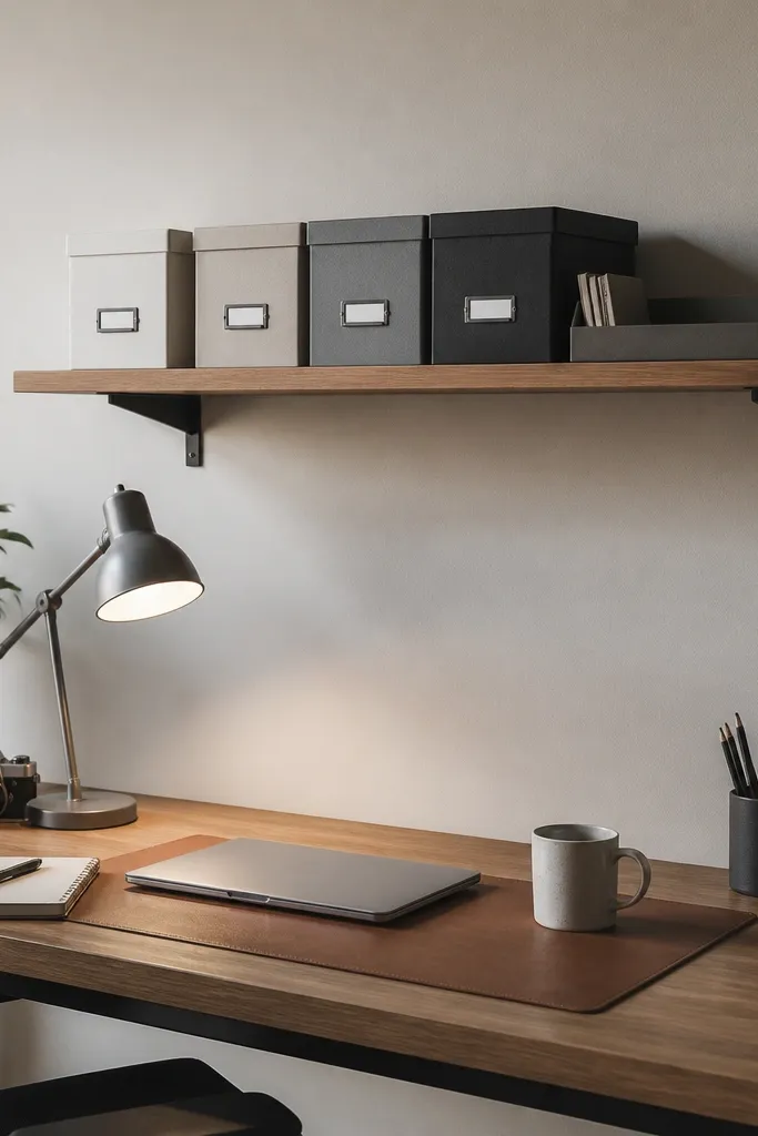 A small wall shelf above the desk with a row of labeled storage boxes and a single open tray for backups.