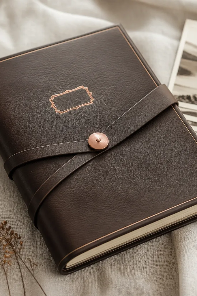 A dark espresso faux-leather scrapbook cover wrapped around the sides, with a small copper button in the center front and a matching wrap strap crossing diagonally. The edges are trimmed with thin cream card, and the front has a small copper-foil label reading a short phrase.