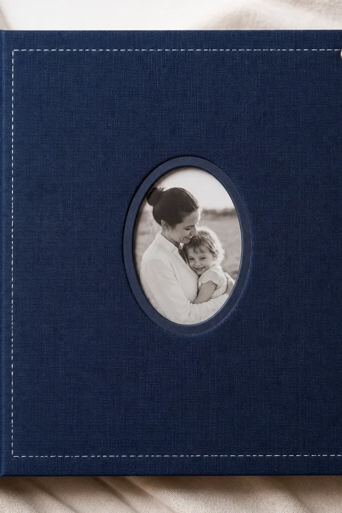 A navy linen-texture scrapbook cover with a white faux-stitched border around the center panel. In the middle is a small die-cut oval photo window with a navy matte frame, and a single gold brad at the top corner.