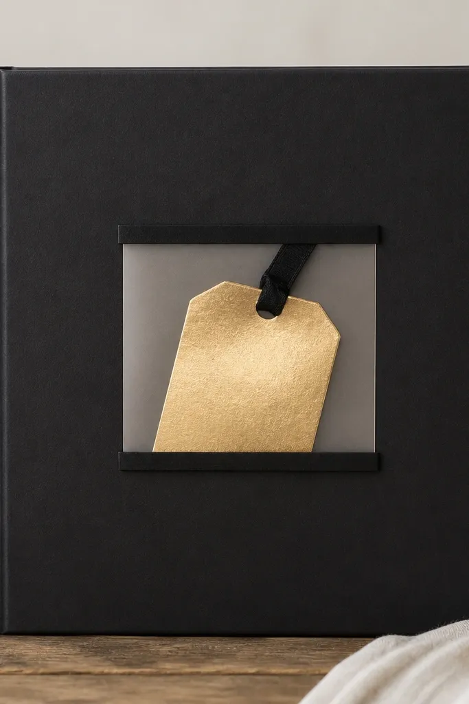 A matte black scrapbook cover with a clear vellum pocket on the front. A gold foil tag sits inside the pocket, and the pocket edges are held by thin black strips. The photo area is a small square window behind the vellum with softened corners.