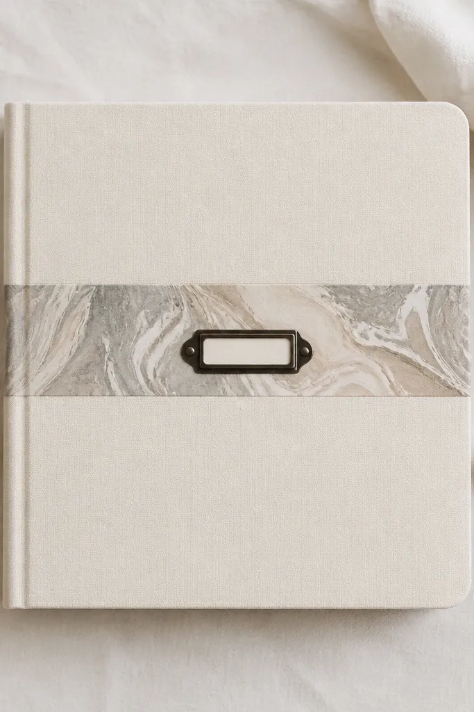 A cream scrapbook cover with a narrow marbled strip running horizontally across the front. The marble is a hand-painted look in muted gray and soft taupe, with a small black type label centered. The corners have subtle rounded cut lines.