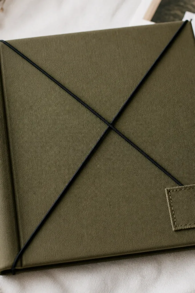An olive fabric scrapbook cover with a smooth, slightly textured weave. A thin black elastic band crosses the front in an X shape, and a small stitched patch sits near the bottom right. The spine looks padded and even.