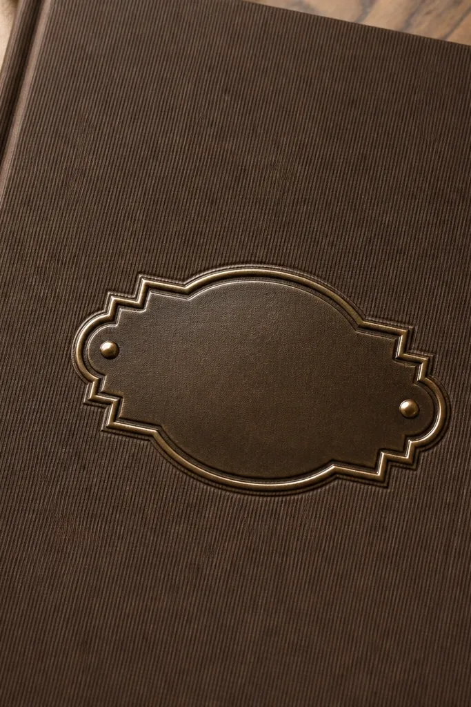 A walnut brown cover with a centered heat-embossed metal-style name plate. The emboss is raised and glossy against matte paper, with two small corner dots in brushed gold. The cover has a subtle vertical grain texture.