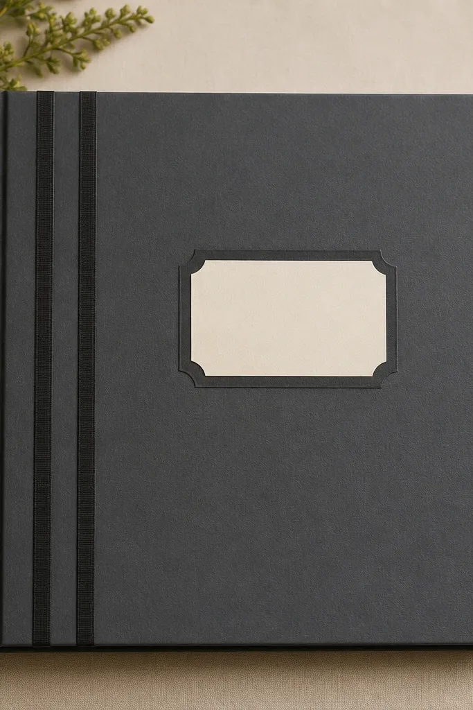 A charcoal-gray scrapbook cover with a faux book spine look. There are three vertical bands on the spine area created with matte tape strips, and the front has a small cream title panel. The spine edges look perfectly aligned.