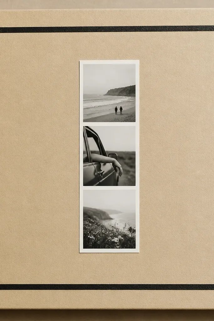 A sand beige scrapbook cover with a thin black washi tape rectangle frame. At each corner, there is a small leatherette square, dark brown, with a tiny stitched line. The center area is blank except for a single black-and-white photo strip.