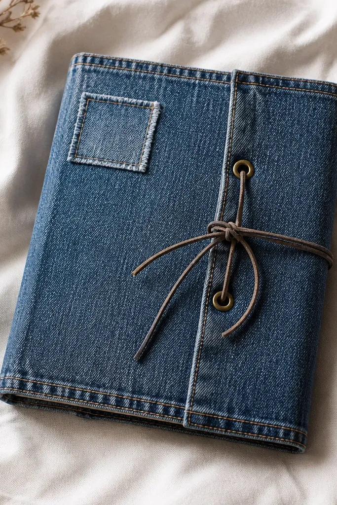 A steel blue denim scrapbook cover with visible stitching lines along the edges. A small patch sits near the top left, and two brass eyelets hold a thin cord that ties a front flap. The cover looks like it came from a jacket.