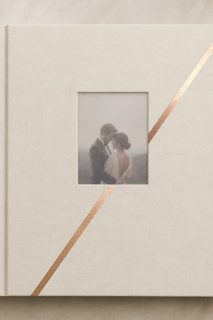 A cream cover with a single rose gold foil tape stripe running diagonally from bottom left to top right. A small photo sits under a clear vellum window, and the rest is mostly blank. The typography is in black, centered.