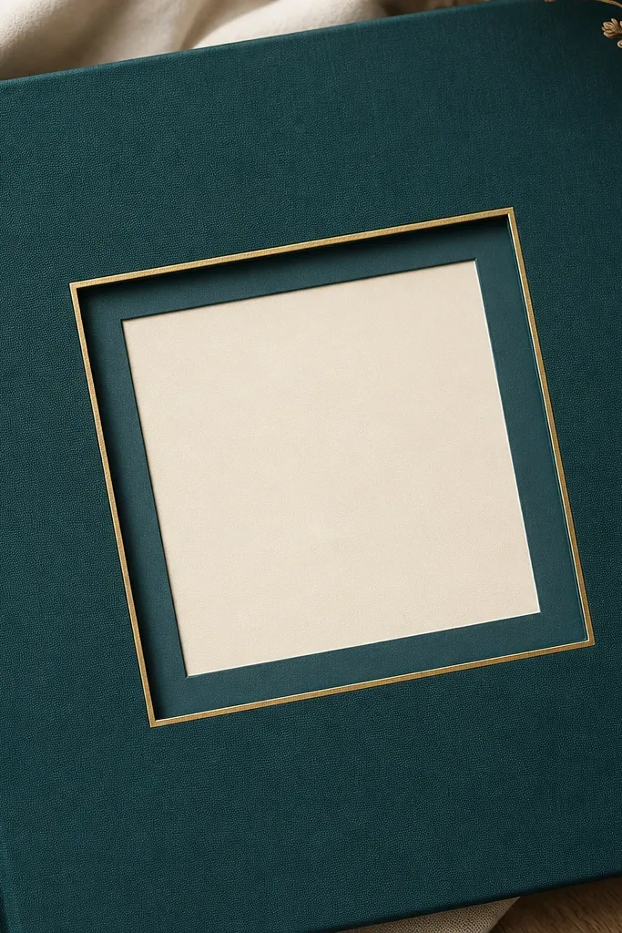 A deep teal scrapbook cover with a large window opening. Inside the window, there are two layered photo mats: a darker teal mat and a cream mat. The window edges are finished with thin gold tape.